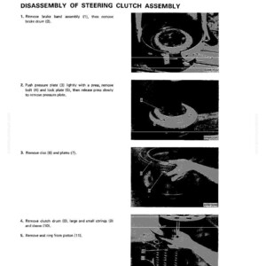 May include: A page from a manual detailing the disassembly of a steering clutch assembly. The text includes numbered steps with accompanying diagrams showing the removal of various parts, including brake band, pressure plate, and clutch drum.