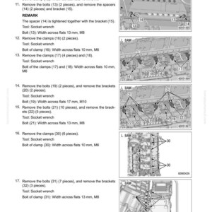 May include: Diagram of an engine disassembly process, with numbered steps and illustrations. Includes instructions for removing clamps, bolts, and brackets, with tool specifications like socket wrenches and bolt sizes in millimeters.