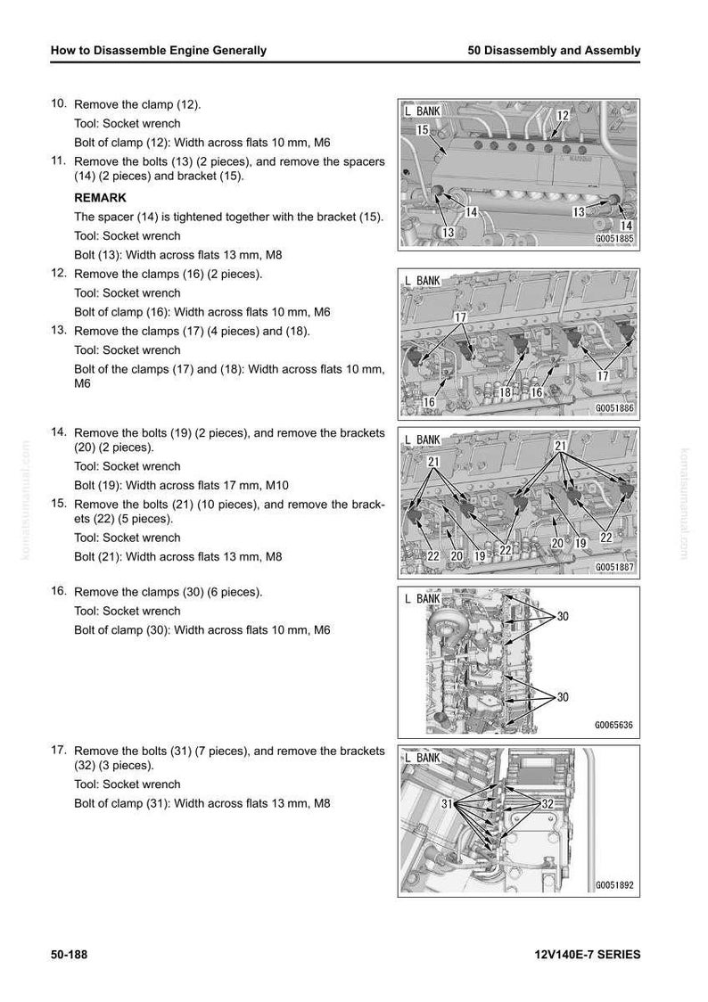 May include: Diagram of an engine disassembly process, with numbered steps and illustrations. Includes instructions for removing clamps, bolts, and brackets, with tool specifications like socket wrenches and bolt sizes in millimeters.