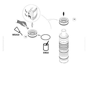 May include: Diagram of mechanical components, including a cylindrical part with multiple rings, a circular seal, and other parts. The image includes the text "MSA32" and "EM22".