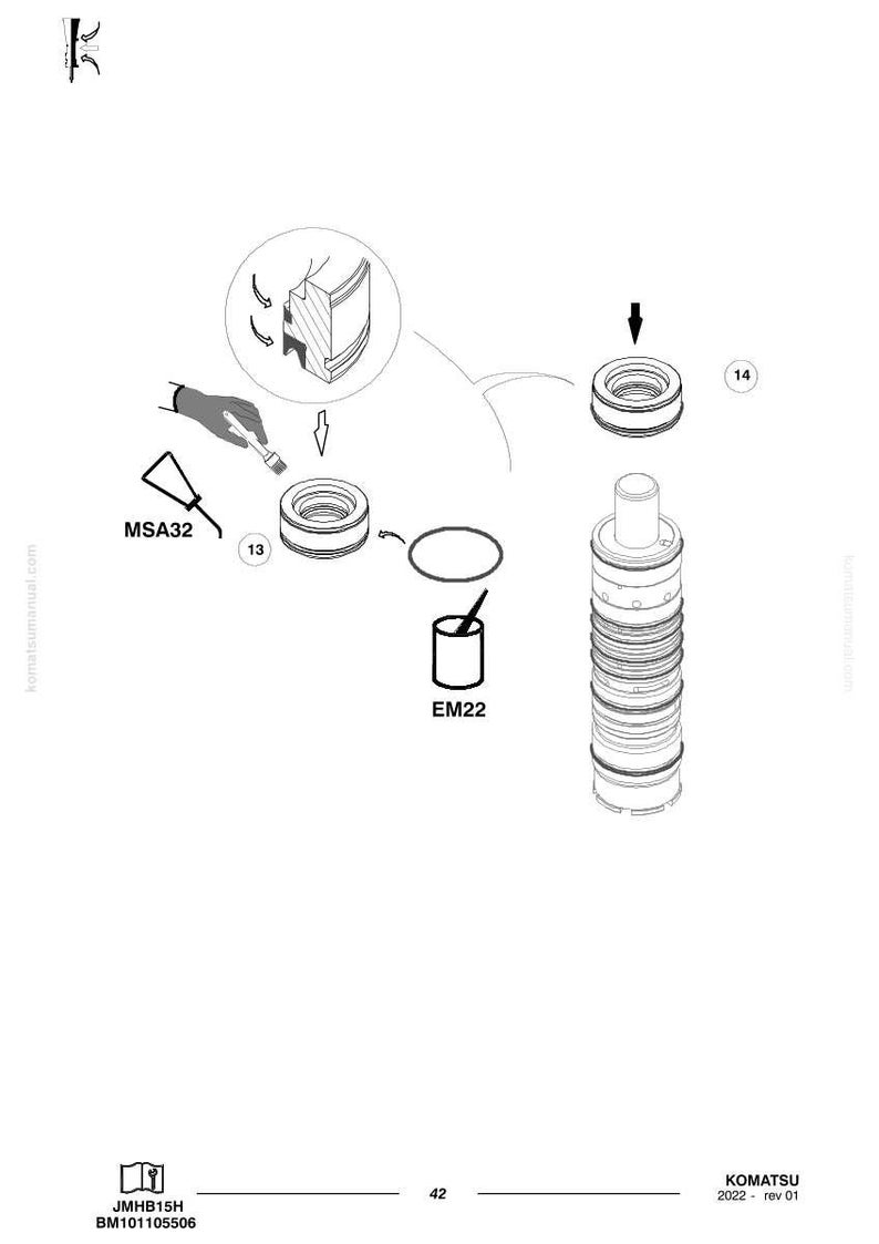 May include: Diagram of mechanical components, including a cylindrical part with multiple rings, a circular seal, and other parts. The image includes the text "MSA32" and "EM22".