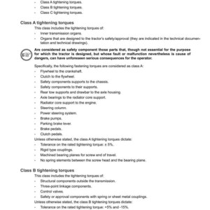 May include: A white document from Argo Tractors detailing tightening torques for tractor components. The document is divided into classes A, B, and C, with specific components listed for each class, including safety components and tolerance levels.