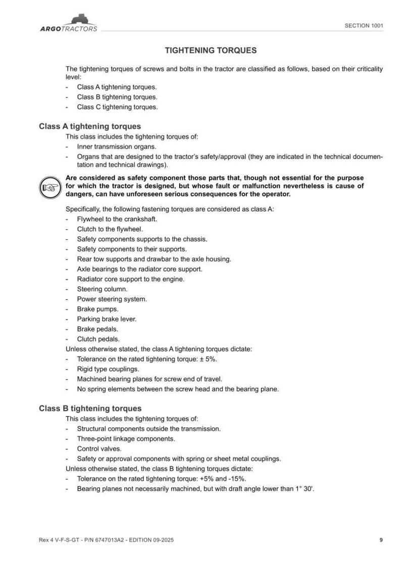 May include: A white document from Argo Tractors detailing tightening torques for tractor components. The document is divided into classes A, B, and C, with specific components listed for each class, including safety components and tolerance levels.