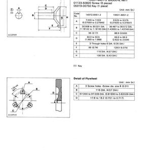May include: Technical diagram of an EA300 series pulley shaft and flywheel, with detailed measurements in inches and millimeters. Includes diagrams and specifications for various PTOs, screws, and keys. The diagram includes dimensions for the pulley shaft and flywheel.