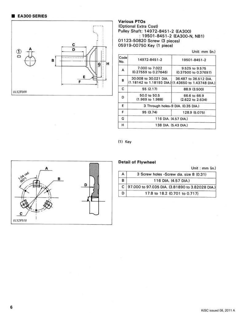 May include: Technical diagram of an EA300 series pulley shaft and flywheel, with detailed measurements in inches and millimeters. Includes diagrams and specifications for various PTOs, screws, and keys. The diagram includes dimensions for the pulley shaft and flywheel.