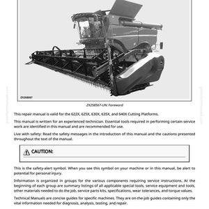 May include: A repair manual page titled "Foreword" with a detailed illustration of a combine harvester. The manual is for 622X, 625X, 630X, 635X, and 640X Cutting Platforms. Includes a safety alert symbol.
