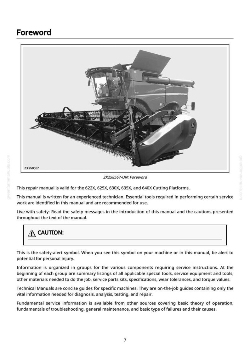 May include: A repair manual page titled "Foreword" with a detailed illustration of a combine harvester. The manual is for 622X, 625X, 630X, 635X, and 640X Cutting Platforms. Includes a safety alert symbol.