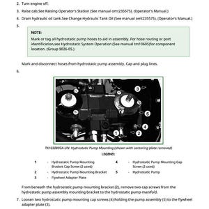 May include: Diagram of hydrostatic pump removal and installation instructions. The image includes a detailed diagram of the pump assembly with numbered components and a legend. Text instructions are also provided.