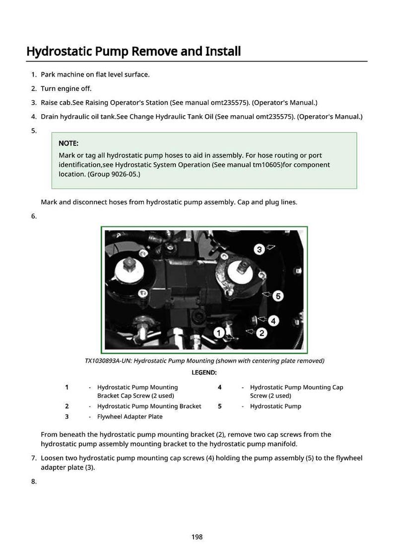 May include: Diagram of hydrostatic pump removal and installation instructions. The image includes a detailed diagram of the pump assembly with numbered components and a legend. Text instructions are also provided.