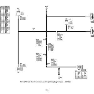 May include: A detailed wiring diagram for a rear frame harness, labeled W13, with various connectors, wires, and component labels. The diagram includes a table with numbers, colors, and end points. The text "TX1116730-UN: Rear Frame Harness (W13) Wiring Diagram (S.N. -000750)" is visible.