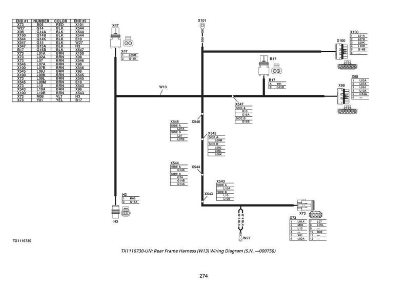 May include: A detailed wiring diagram for a rear frame harness, labeled W13, with various connectors, wires, and component labels. The diagram includes a table with numbers, colors, and end points. The text "TX1116730-UN: Rear Frame Harness (W13) Wiring Diagram (S.N. -000750)" is visible.