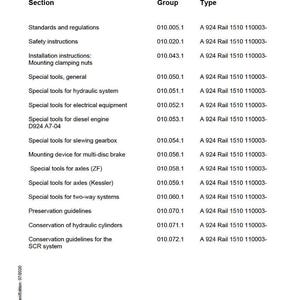 May include: A service manual index page with a white background. The document lists sections, groups, and types, including safety instructions, special tools, and preservation guidelines. The Liebherr logo is at the bottom.