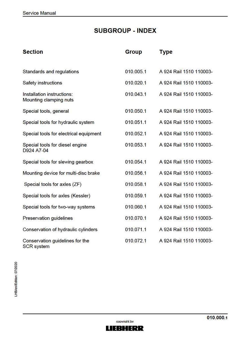 May include: A service manual index page with a white background. The document lists sections, groups, and types, including safety instructions, special tools, and preservation guidelines. The Liebherr logo is at the bottom.