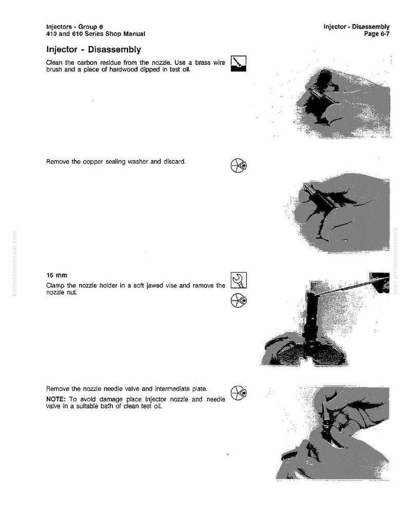 May include: A page from a shop manual detailing injector disassembly. The text includes instructions on cleaning carbon residue, removing parts, and using tools. The manual is for 410 and 610 series injectors.