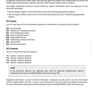 May include: A page from a technical manual detailing the Engine Fuel Control Electrical Theory of Operation. The text describes the engine's fuel system, ECU inputs, and outputs, including components like the hand throttle and fuel temperature sensor. It also includes notes on electronic injector calibration.