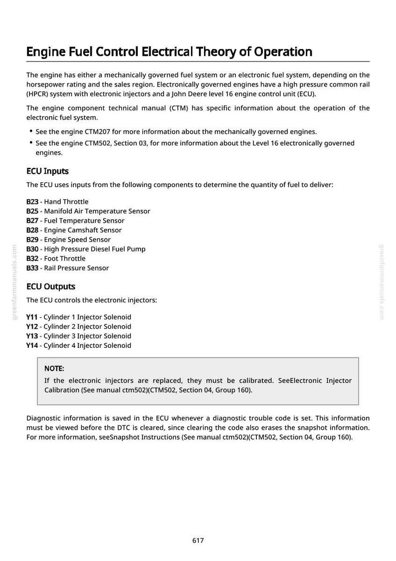 May include: A page from a technical manual detailing the Engine Fuel Control Electrical Theory of Operation. The text describes the engine's fuel system, ECU inputs, and outputs, including components like the hand throttle and fuel temperature sensor. It also includes notes on electronic injector calibration.
