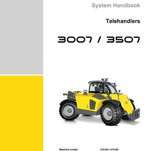 K&ouml;nnte beinhalten: Ein gelb-schwarzer Kramer-Teleskoplader, Modell 3007/3507, ist auf dem Titel eines Systemhandbuchs abgebildet. Die Maschine hat gro&szlig;e Reifen und einen Hubarm. Der Handbuchtitel lautet "Telehandlers".