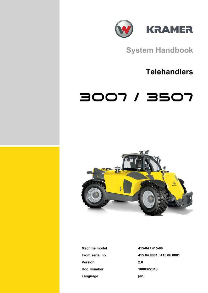 K&ouml;nnte beinhalten: Ein gelb-schwarzer Kramer-Teleskoplader, Modell 3007/3507, ist auf dem Titel eines Systemhandbuchs abgebildet. Die Maschine hat gro&szlig;e Reifen und einen Hubarm. Der Handbuchtitel lautet "Telehandlers".