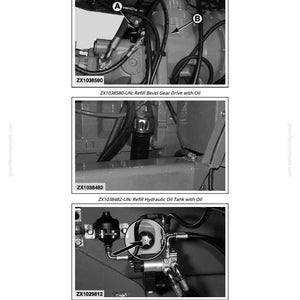 May include: Black and white technical diagram illustrating the process of refilling hydraulic oil. The image includes close-ups of various components, such as a bevel gear drive, hydraulic oil tank, and sight glass, with labels and arrows pointing to specific areas.