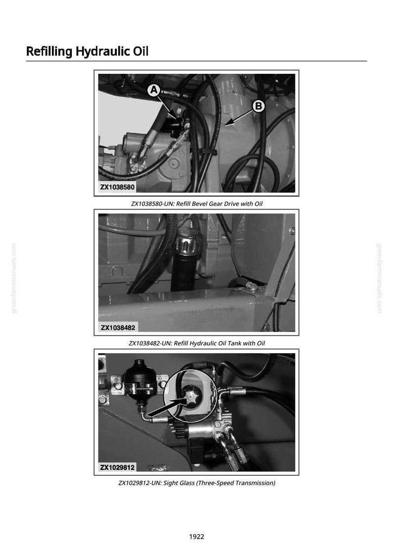 May include: Black and white technical diagram illustrating the process of refilling hydraulic oil. The image includes close-ups of various components, such as a bevel gear drive, hydraulic oil tank, and sight glass, with labels and arrows pointing to specific areas.