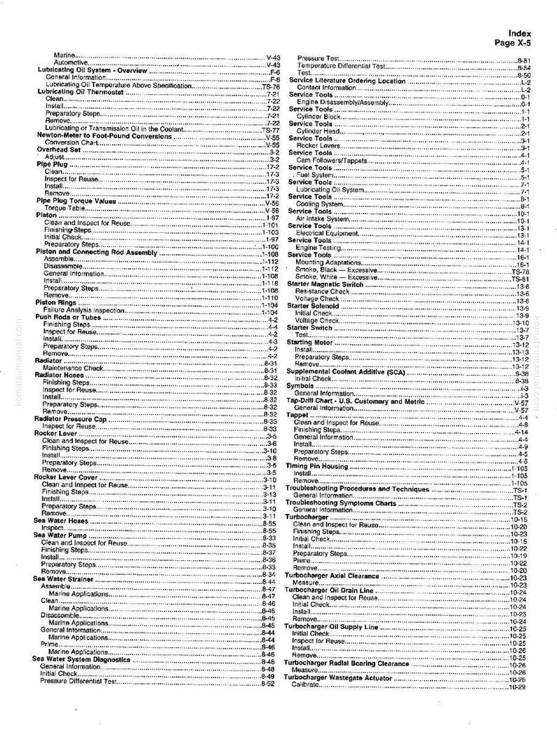 May include: A detailed index page from a manual, featuring a table of contents with various automotive and marine topics. The page is filled with text, organized in columns, and includes page numbers.