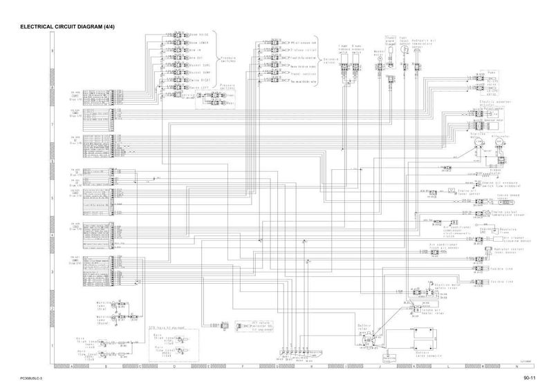 Puede incluir: Diagrama de circuito el&eacute;ctrico (4/4) con numerosas l&iacute;neas, s&iacute;mbolos y etiquetas de texto. El diagrama es en blanco y negro, mostrando el cableado y los componentes de un sistema el&eacute;ctrico. El diagrama est&aacute; sobre un fondo blanco.