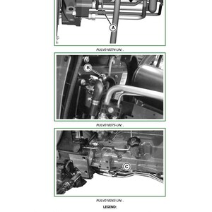May include: Technical diagram with three detailed views of machinery components. The images show hydraulic pipes, hoses, and steering lines, labeled A, B, and C, respectively. Text includes instructions to disconnect the hydraulic pipe and close openings.