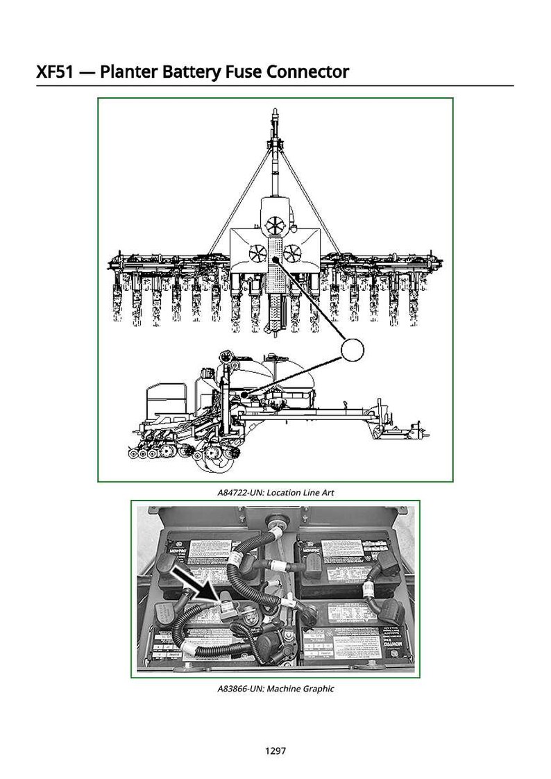 May include: Diagram of a planter battery fuse connector, labeled XF51. The image includes a line art diagram of the planter and a machine graphic showing the battery and fuse connector.