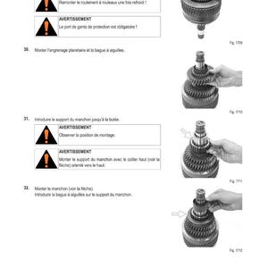 May include: Technical diagram with step-by-step instructions for mechanical assembly. The image shows various gears and components, with accompanying text in French and warning symbols. The diagram includes figures 1709, 1710, 1711, and 1712.