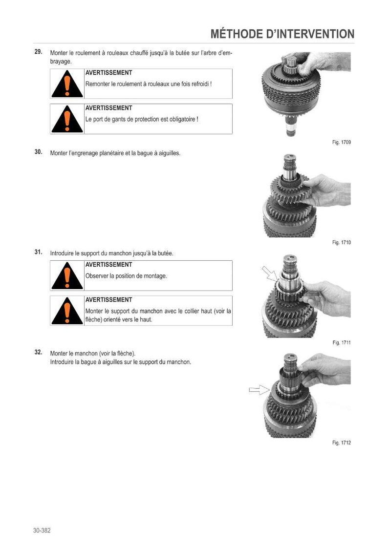 May include: Technical diagram with step-by-step instructions for mechanical assembly. The image shows various gears and components, with accompanying text in French and warning symbols. The diagram includes figures 1709, 1710, 1711, and 1712.