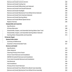 May include: A manual page detailing automotive repair procedures, such as "Remove and Install Alternator" and "Remove and Install Headlight." Page numbers are displayed on the right.