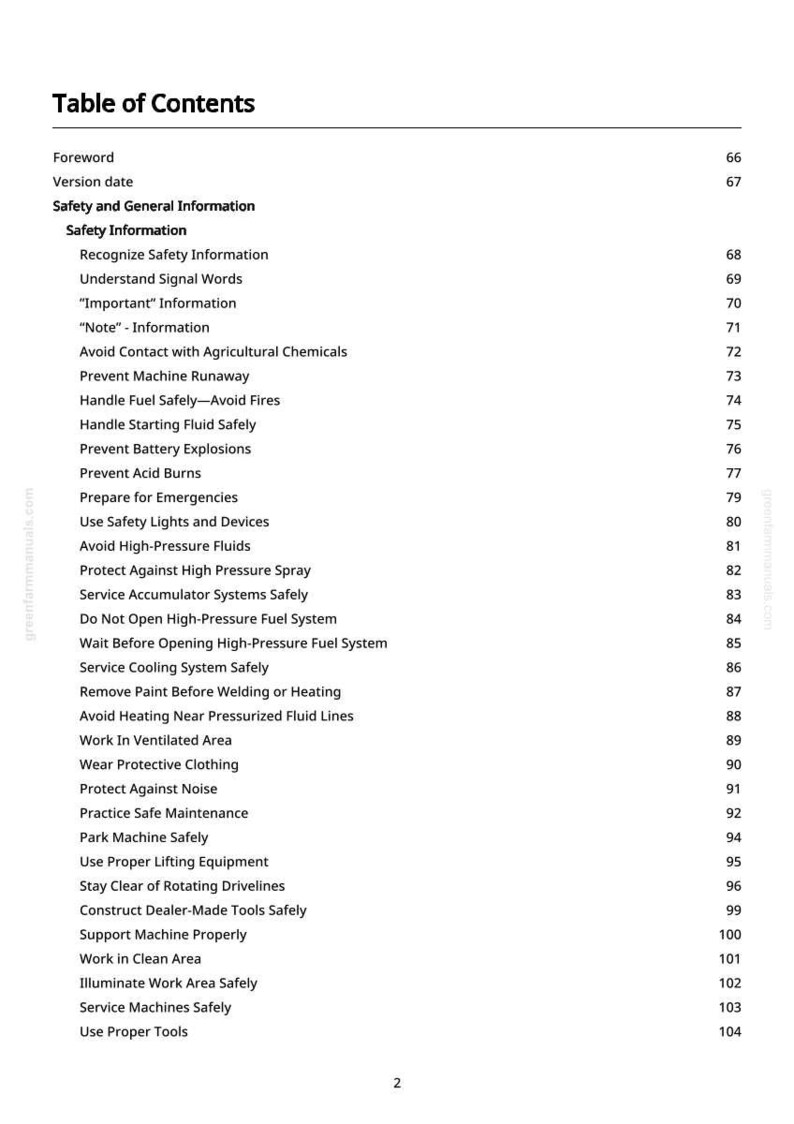 May include: A manual's "Table of Contents" page, listing safety information. Topics include "Handle Fuel Safely" and "Wear Protective Clothing". Page numbers are on the right. Measurements are not applicable.