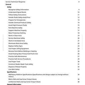 May include: A detailed table of contents from a manual, with headings like "Safety" and "Specifications." The text is black on a white background, with page numbers on the right. The document covers topics related to machinery.