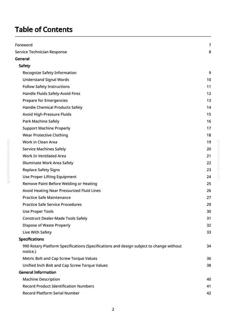 May include: A detailed table of contents from a manual, with headings like "Safety" and "Specifications." The text is black on a white background, with page numbers on the right. The document covers topics related to machinery.