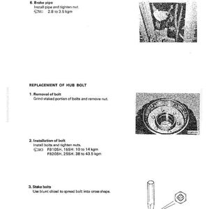 May include: A page from a manual detailing wheel brake assembly and disassembly. The text includes instructions for brake pipe installation, hub bolt replacement, and staking bolts. The image includes diagrams and measurements in kgm.