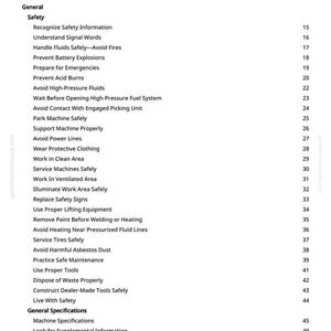 May include: A white page with a black Table of Contents for a manual. The headings include Safety, General, and General Specifications. The page numbers are listed on the right side.