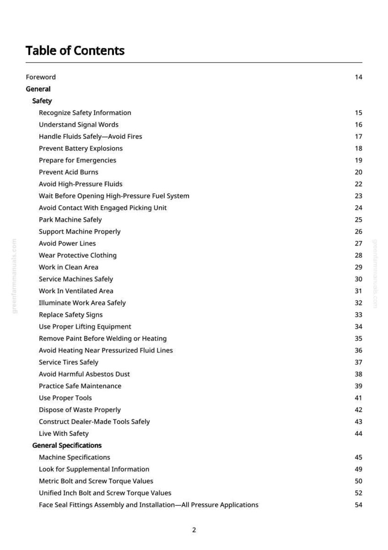 May include: A white page with a black Table of Contents for a manual. The headings include Safety, General, and General Specifications. The page numbers are listed on the right side.