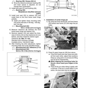 May include: Diagram of automotive undercarriage and frame components, including a front frame lower hinge assembly with bolts, bearings, and dust seals. Instructions detail assembly, measurement, and installation of parts.