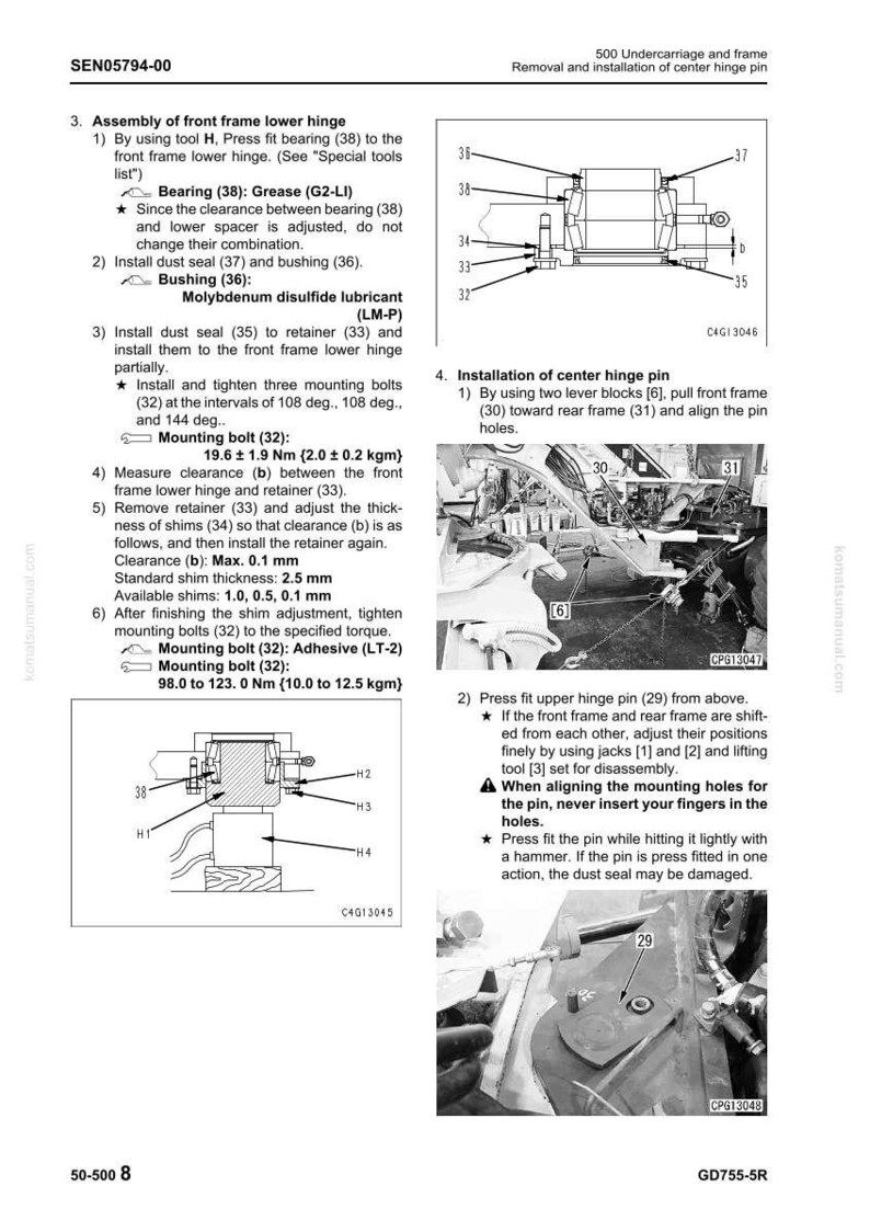 May include: Diagram of automotive undercarriage and frame components, including a front frame lower hinge assembly with bolts, bearings, and dust seals. Instructions detail assembly, measurement, and installation of parts.