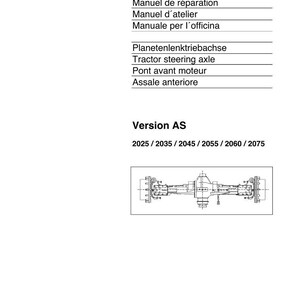 K&ouml;nnte beinhalten: Wei&szlig;es Dokument mit dem Fendt-Logo und Text in mehreren Sprachen, darunter "Werkstatthandbuch" und "Tractor steering axle". Eine Zeichnung einer Traktorachse ist ebenfalls vorhanden. Das Dokument ist mit "Version AS" gekennzeichnet.