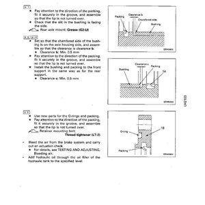 Op de afbeelding: Technische tekening uit een handleiding met details over demontage en montage van de achteras. De afbeelding bevat diagrammen van onderdelen zoals bussen, pakkingen en O-ringen, met instructies en afmetingen in millimeters. Tekst bevat "Vet (G2-LI)" en "Draadborgmiddel (LT-2)".
