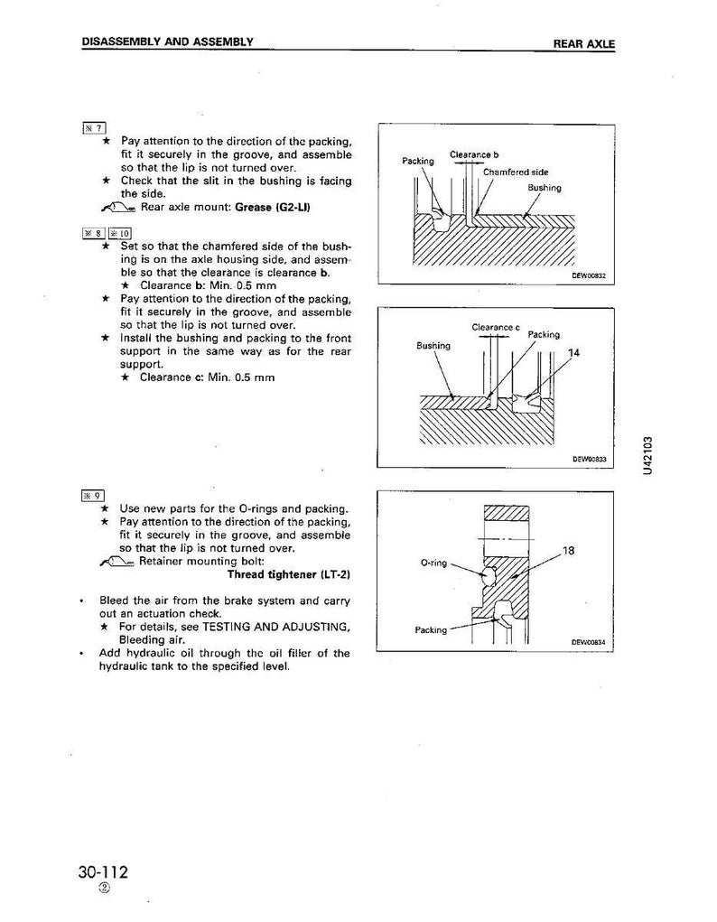 Op de afbeelding: Technische tekening uit een handleiding met details over demontage en montage van de achteras. De afbeelding bevat diagrammen van onderdelen zoals bussen, pakkingen en O-ringen, met instructies en afmetingen in millimeters. Tekst bevat "Vet (G2-LI)" en "Draadborgmiddel (LT-2)".