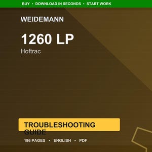 Puede incluir: Una gu&iacute;a digital de soluci&oacute;n de problemas para un Weidemann 1260 LP Hoftrac. La portada es un degradado de marr&oacute;n y dorado con el texto "TROUBLESHOOTING GUIDE" en un rect&aacute;ngulo amarillo. La gu&iacute;a tiene 186 p&aacute;ginas y est&aacute; en ingl&eacute;s.