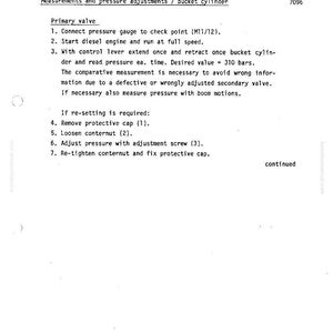 May include: A white document with text and diagrams, featuring the "MANNESMANN DEMAG" logo and the title "SERVICE LINE CIRCUITS". The text details measurements and pressure adjustments for a bucket cylinder, including instructions for the primary valve.