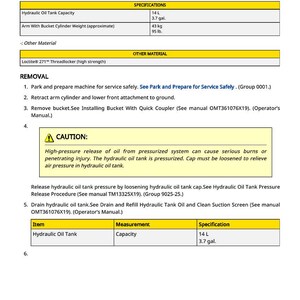 May include: A technical document titled "Arm Remove and Install" with specifications for hydraulic oil tank capacity at 3.7 gallons and arm with bucket cylinder weight at 95 lbs. Includes safety warnings and removal instructions.