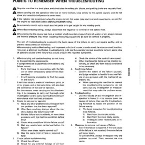 May include: A page from a manual titled "Points to Remember When Troubleshooting." The text provides instructions on safety, procedures, and problem-solving steps. The document includes numbered lists and bullet points for clarity.