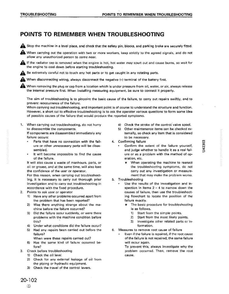 May include: A page from a manual titled "Points to Remember When Troubleshooting." The text provides instructions on safety, procedures, and problem-solving steps. The document includes numbered lists and bullet points for clarity.