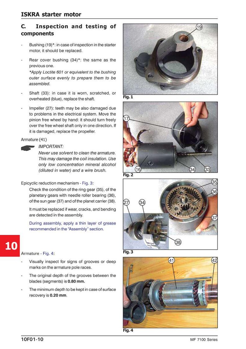 May include: Diagram of an ISKRA starter motor with detailed component inspection instructions. Includes images of the bushing, rear cover bushing, shaft, impeller, and armature. Measurements are provided in millimeters for the armature pole races.