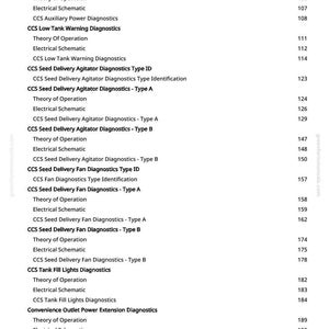 K&ouml;nnte beinhalten: Eine wei&szlig;e Seite mit einer Liste technischer Begriffe und Seitenzahlen. Zu den Begriffen geh&ouml;ren "Electrical Schematic", "CCS Auxiliary Power Diagnostics" und "CCS Seed Delivery Fan Diagnostics". Die Seitenzahlen reichen von 99 bis 195.