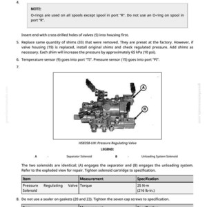 Puede incluir: Imagen de una v&aacute;lvula reguladora de presi&oacute;n con texto y diagramas. La v&aacute;lvula tiene m&uacute;ltiples puertos y solenoides, con una leyenda que indica los solenoides del separador y del sistema de descarga. Las especificaciones incluyen un par de 25 N-m.
